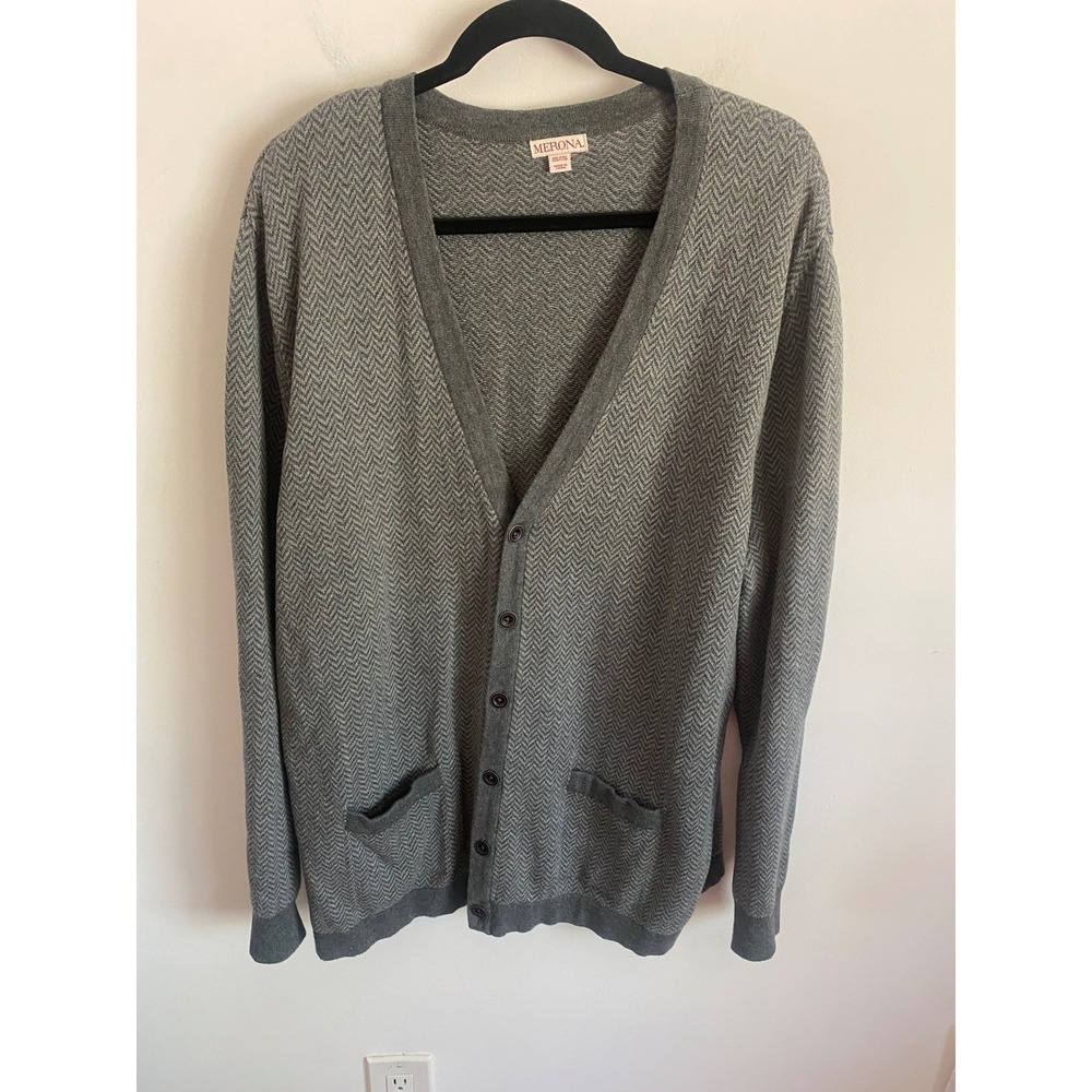 Merona Mens XXL Grey Herringbone Cardigan Sweater Cotton Elbow Patches V-Neck
